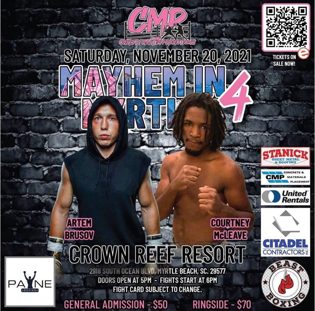 Mayhem in Myrtle 4: Brusov vs McLeave — fight poster