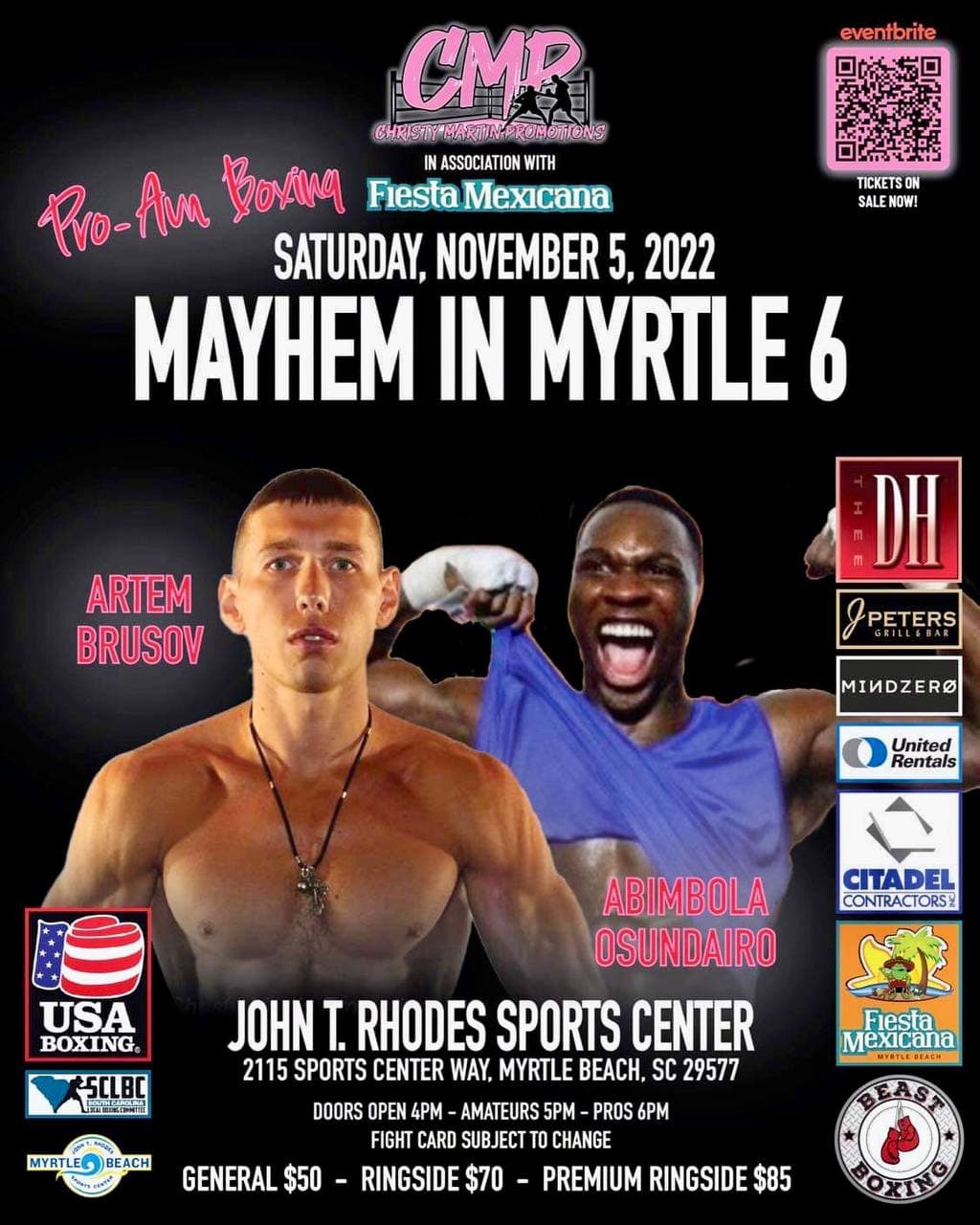 Mayhem in Myrtle 6: Brusov vs Osundairo — fight poster